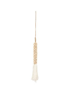 Pendentif décoration perles bois et pompon en coton - Blanc naturel