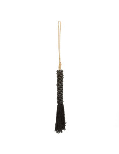Pendentif décoration perles bois et pompon en coton - Noir